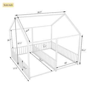 P PURLOVE Double Twin Floor Bed Frame for 2 Kids,Double Twin Size Metal Shared Bed with Fence Railings,House Floor Bed Frame Twin Size with Roof or Kids,Teens, Boys & Girls