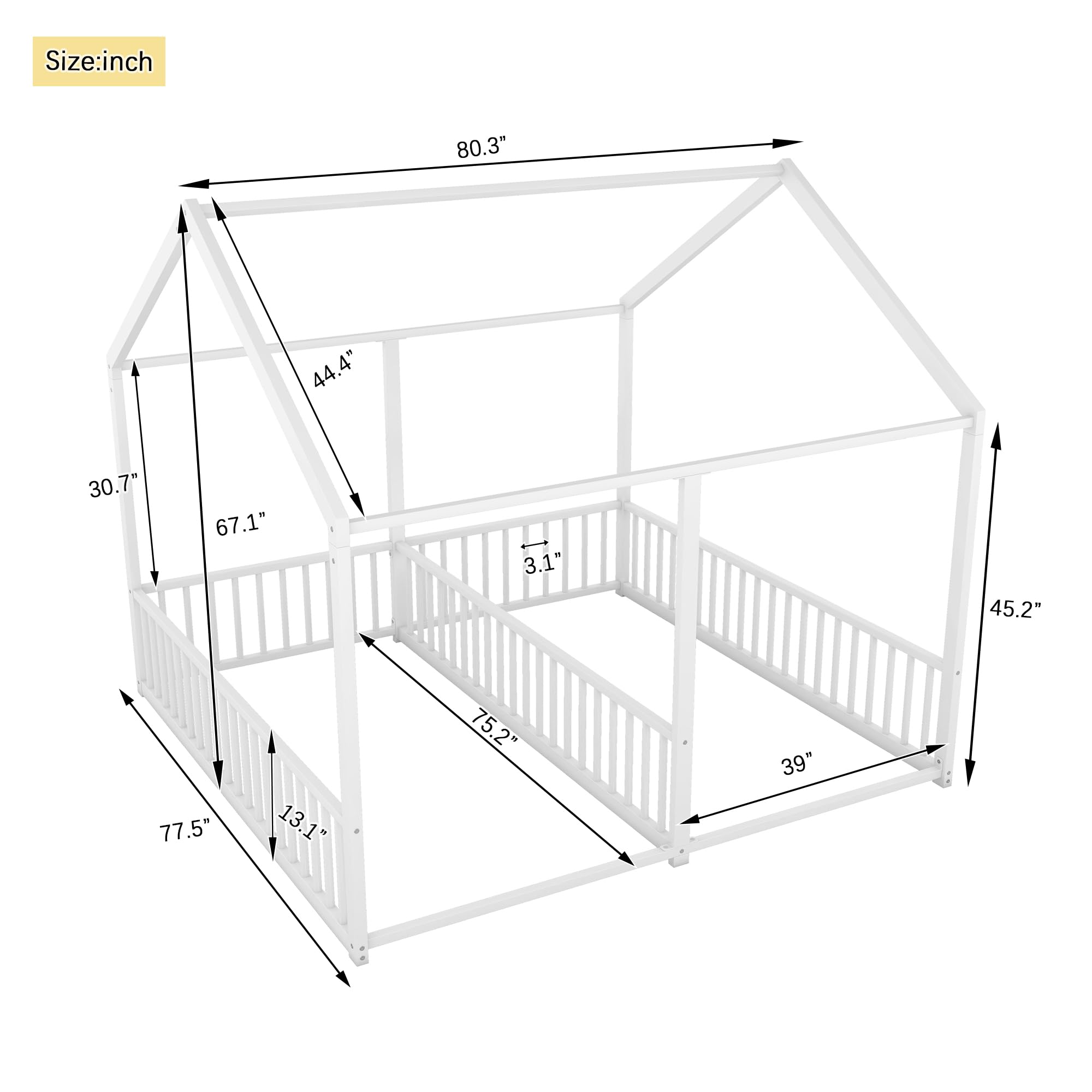 P PURLOVE Double Twin Floor Bed Frame for 2 Kids,Double Twin Size Metal Shared Bed with Fence Railings,House Floor Bed Frame Twin Size with Roof or Kids,Teens, Boys & Girls