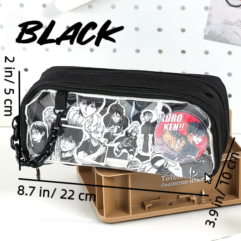 MILLEVIBE ITA Pencil Pouch - Large Capacity Office Pen Case with Clear Window for Anime Display & Chain for Easy Portability (Black)