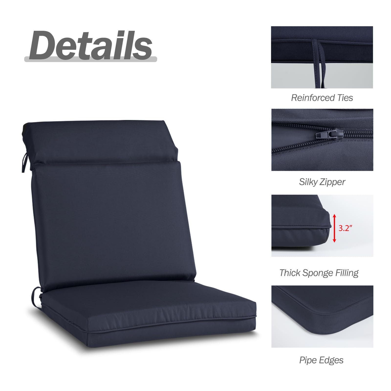 BPS Outdoor Cartridge High Back Dining Chair Cushion Set, Fade Resistant and Water Resistant Polyester Fabric Cover with Ties and Zipper, 44"x21"x3.2", Navy Blue, Set of 4