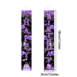 Avezano Purple Happy Birthday Banner Glitter Purple Black Birthday Party Decorations for Girls Women Happy Birthday Porch Signs Door Decorations Supplies