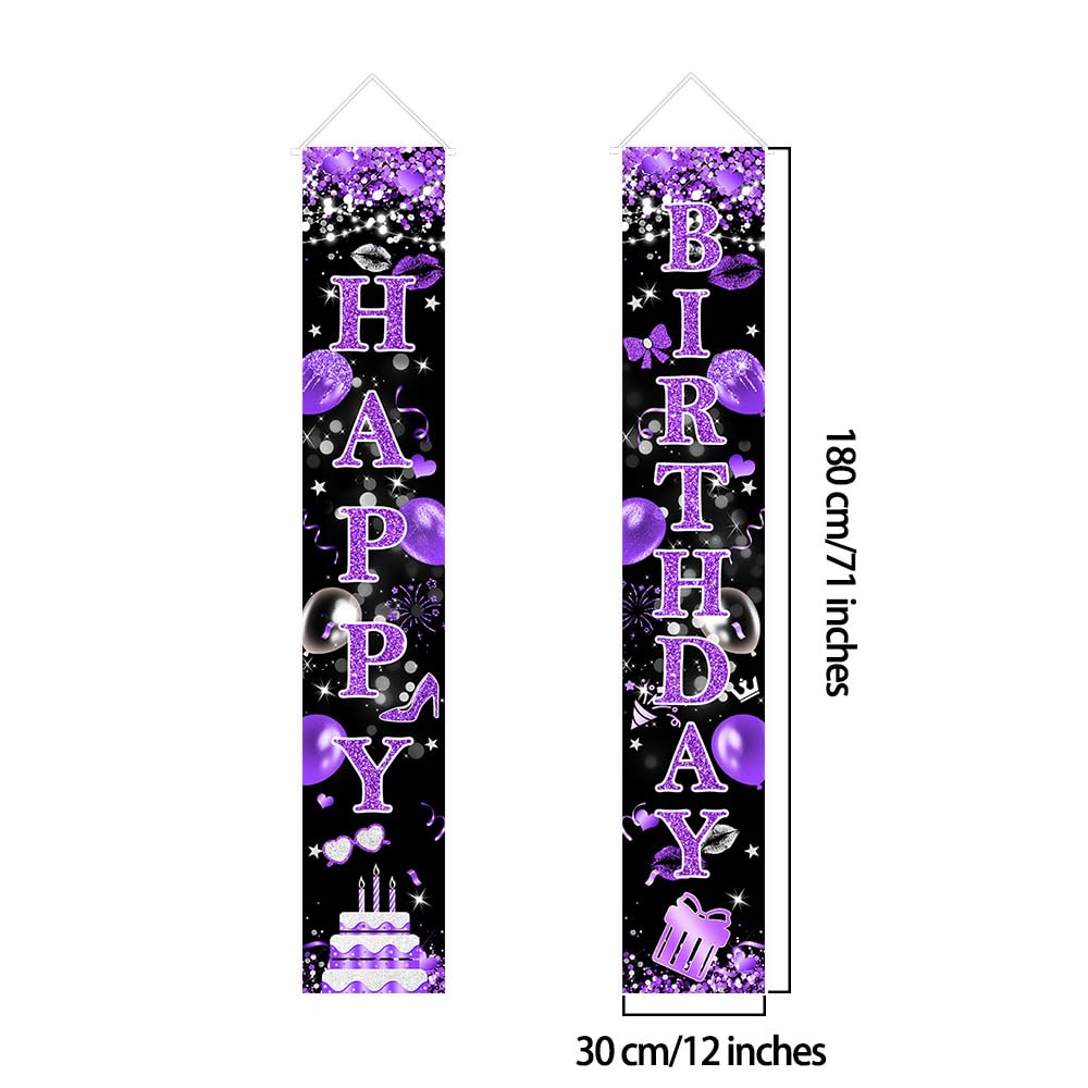 Avezano Purple Happy Birthday Banner Glitter Purple Black Birthday Party Decorations for Girls Women Happy Birthday Porch Signs Door Decorations Supplies