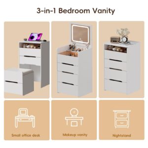 PAKASEPT 3 in 1 Vanity Desk with Plip Top Mirror, Small Make Up Vanity Set with Visible Glass Desktop, Compact with 3 Drawers,Cushioned Tool,Dressing Table for Bedroom