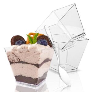 legredic 50 pack 3.5 oz square dessert cups with spoons, mini plastic parfait appetizer cups, clear reusable small shooter cups, serving bowls for tasting party samples dessert shot glasses