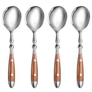 soup spoons，4pcs soup spoons set，stainless steel 18/8 spoons with comfortable bakelite handle，heavy-weight metal round spoons，wood grain handle