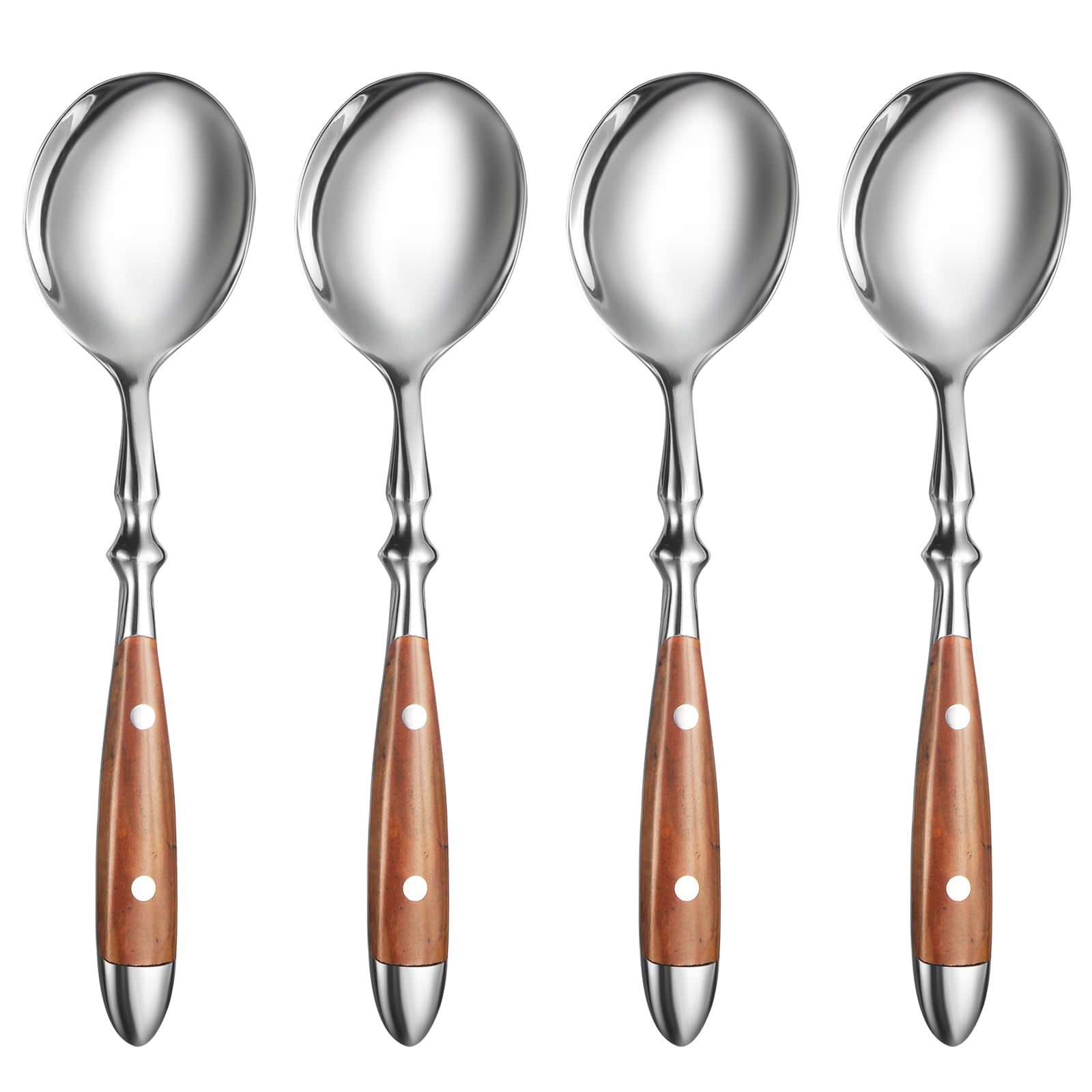 Soup Spoons，4Pcs Soup Spoons Set，Stainless Steel 18/8 Spoons with Comfortable Bakelite Handle，Heavy-Weight Metal Round Spoons，Wood Grain Handle