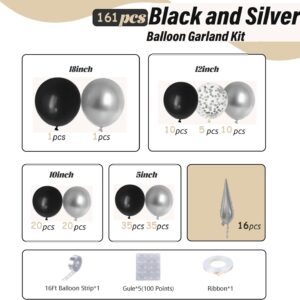 Bonropin 161pcs Black and Silver Balloons Garland Arch Kit with Explosion Star Balloons, 5/10/12/18in Metallic Sliver and Black Balloons for Birthday Graduation Baby Shower New Years Party Decorations