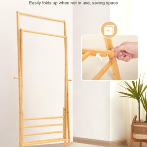 Cozivolife Bamboo Clothes Rack with Storage Shelf, Portable Garment Rack Clothing Racks for Hanging Clothes, Foldable Wardrobe Storage Rack for Entryway and Bed Room (Natural)