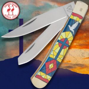 KISSING CRANE Stained Glass Trapper Pocket Knife | European Cathedral-Inspired Artwork | Stainless Steel Blades | Blue Bone Handle Scales | 3D Printed | Clip Point and Spey Blade | Closed Length 4"