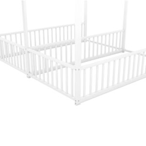 P PURLOVE Double Twin Floor Bed Frame for 2 Kids,Double Twin Size Metal Shared Bed with Fence Railings,House Floor Bed Frame Twin Size with Roof or Kids,Teens, Boys & Girls