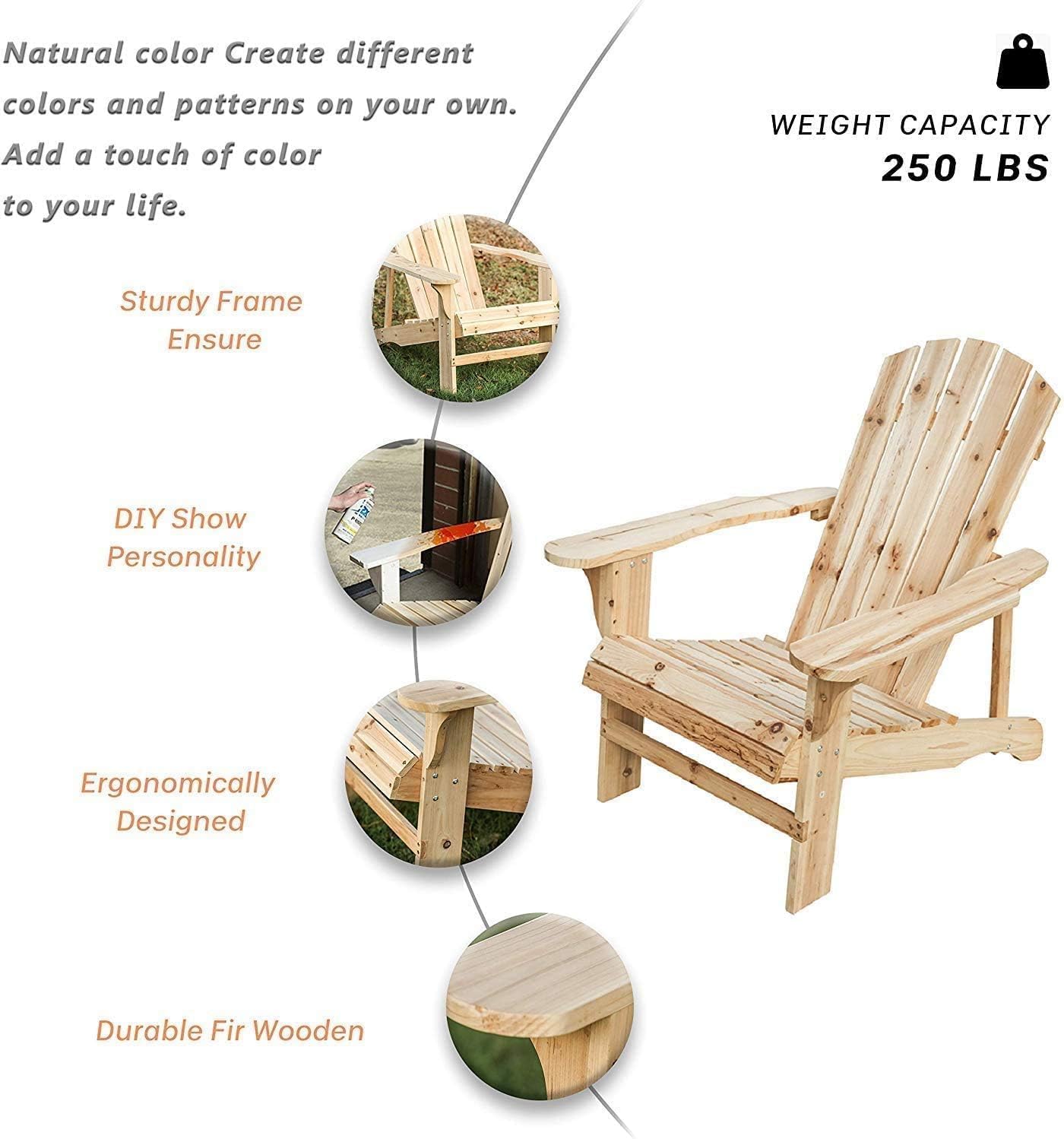 LOKATSE HOME Outdoor Wooden Adirondack Classic Fire Pit Chair for Deck Yard/Garden, Natural Wood