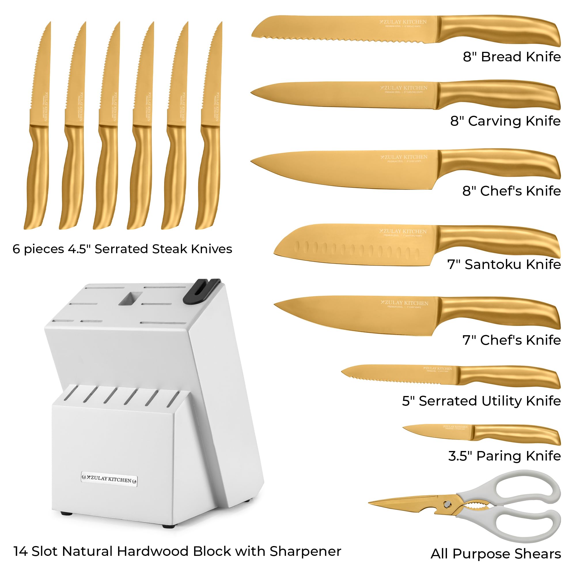 Zulay 15 Piece Stainless Steel Knife Set with Block and Sharpener - Sharp Knife Block Set with Built In Sharpener - Kitchen Knife Set With Block - Rust Proof Knife Set Stainless Steel