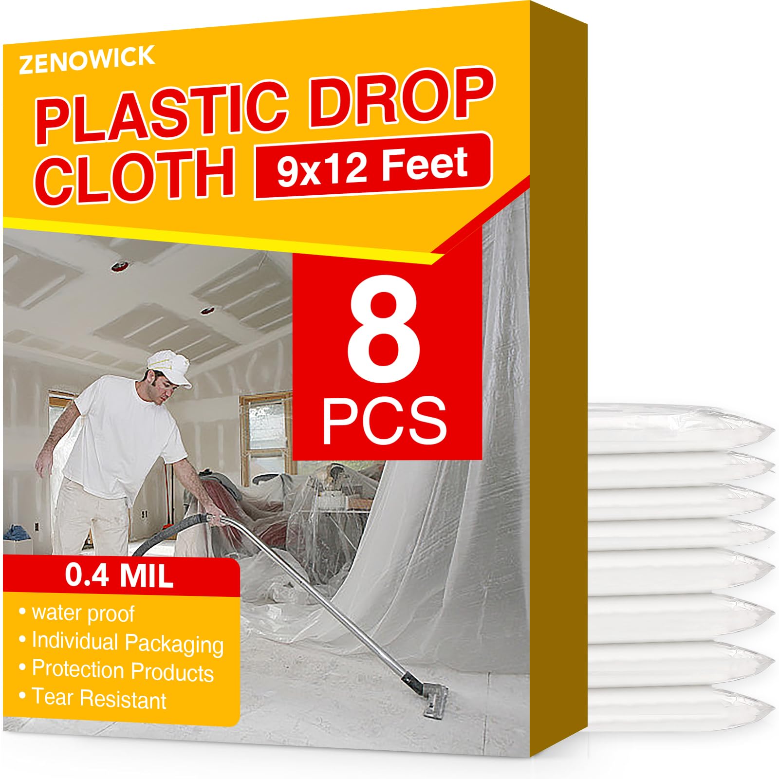 8 Pack Plastic Drop Cloth, 9x12 Ft Plastic Sheeting for Painting, Dust-Proof Tear-Resistant Painters Plastic Tarp Cloth for Furniture Floor Sofa Protector Cover Durable & Thick