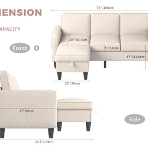 Woyomeub Sectional Sofa 78" Couch Couches for Living Room with Storage Ottoman Beige Modern L Shaped 3 Seater Sofas for Small Space Dorm APT