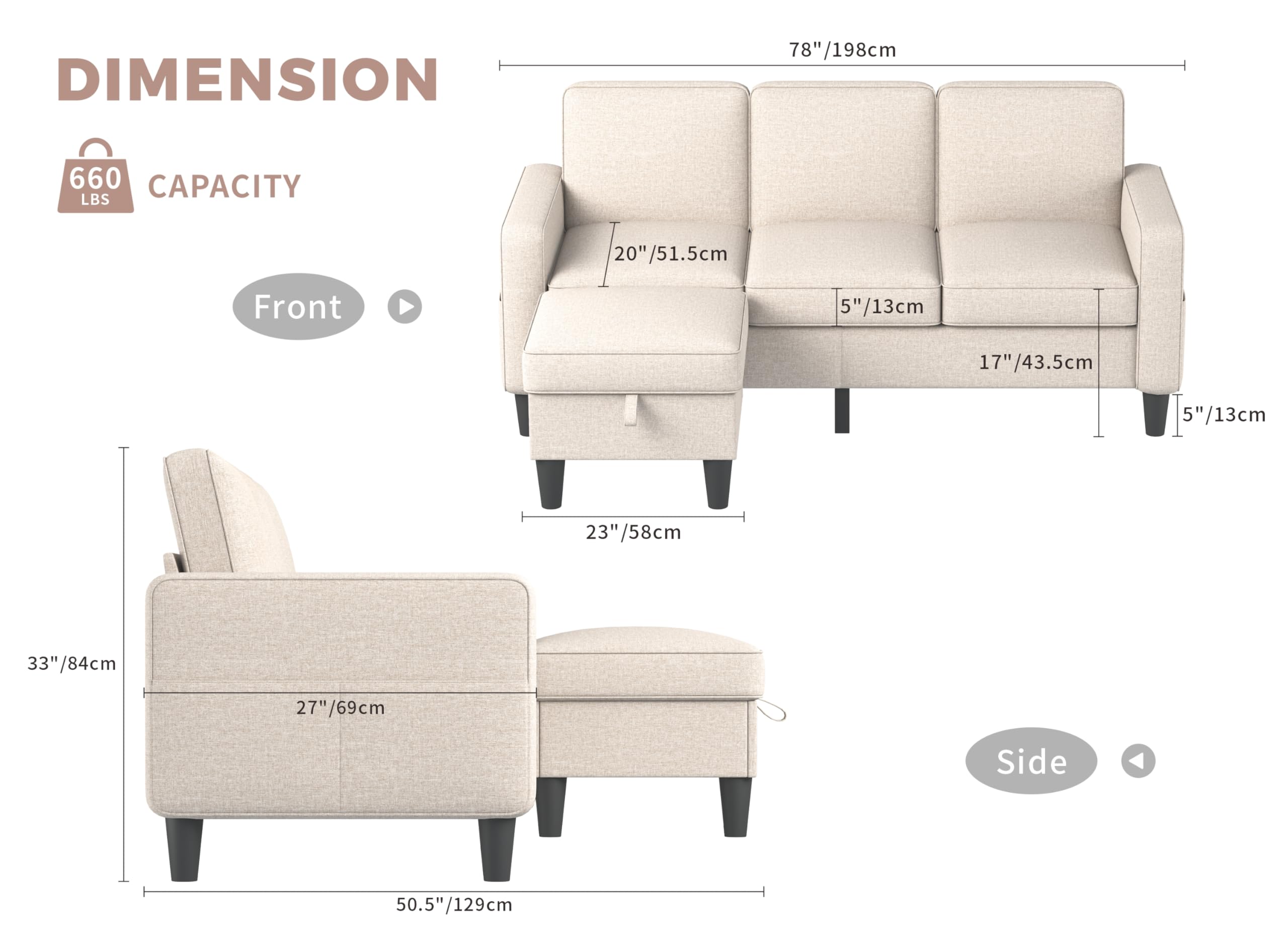 Woyomeub Sectional Sofa 78" Couch Couches for Living Room with Storage Ottoman Beige Modern L Shaped 3 Seater Sofas for Small Space Dorm APT