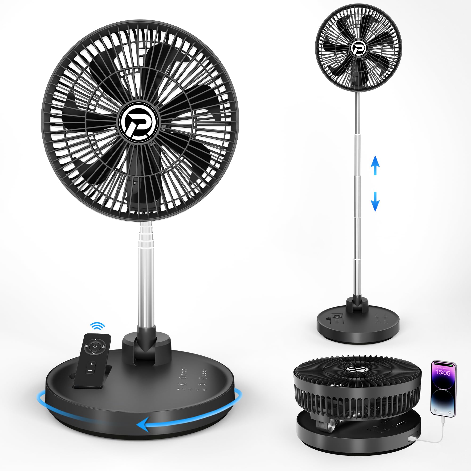 PANERGY 10” Portable Fan 20000mAh Battery Operated Rechargeable, Auto-Oscillating Pedestal Fan with Remote,4 Speeds, Quiet, Cordless Foldable Telescopic Fan for Travel, Bedroom, Home, Office