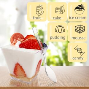 Legredic 50 Pack 3.5 oz Square Dessert Cups with Spoons, Mini Plastic Parfait Appetizer Cups, Clear Reusable Small Shooter Cups, Serving Bowls for Tasting Party Samples Dessert Shot Glasses