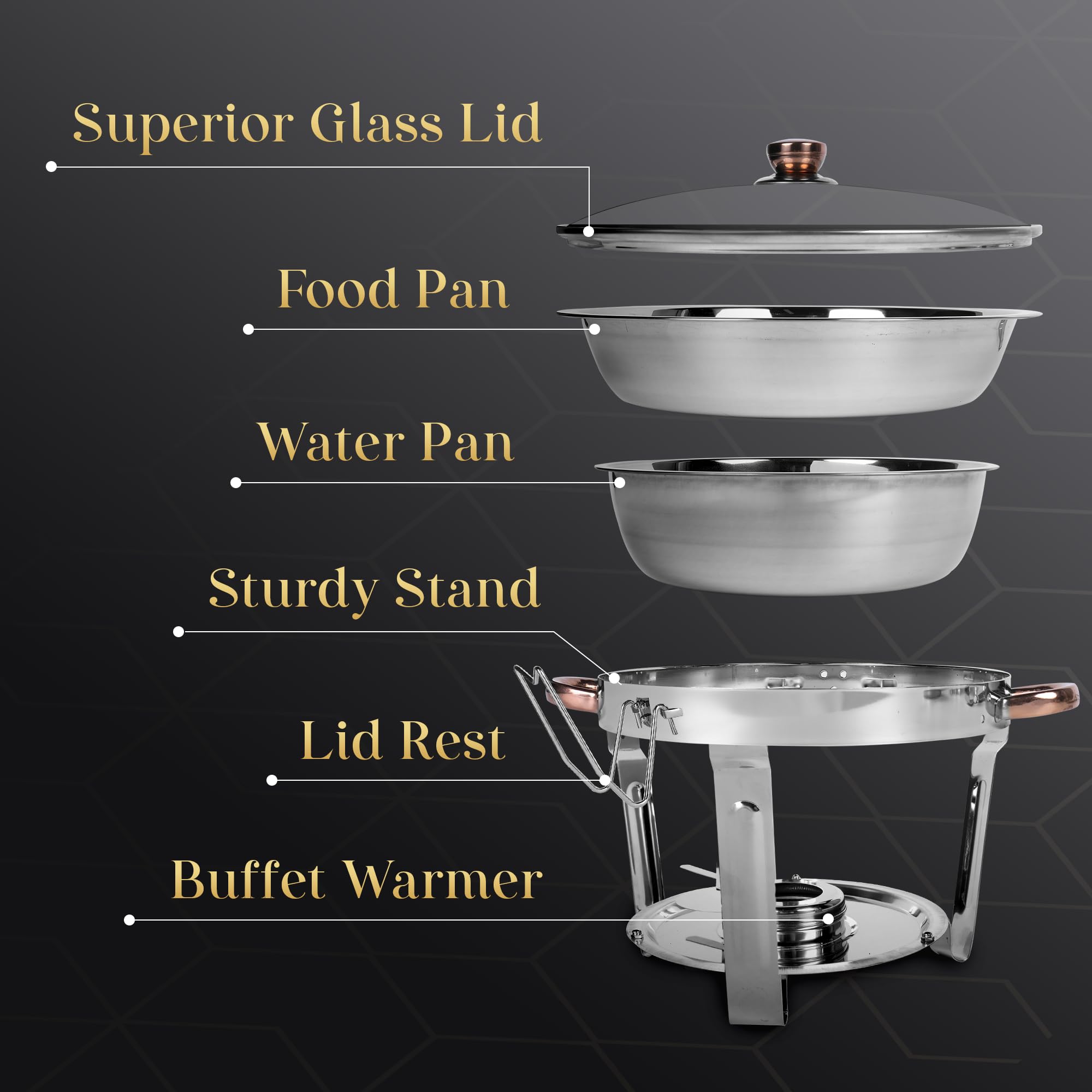 Stainless Steel Chafing Dish - 1x 5QT Catering Dish - Silver & Rose Gold - Round Food Warmers for Parties - Buffet Serving Dishes for Heating & Cooling