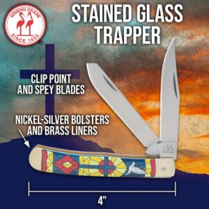 KISSING CRANE Stained Glass Trapper Pocket Knife | European Cathedral-Inspired Artwork | Stainless Steel Blades | Blue Bone Handle Scales | 3D Printed | Clip Point and Spey Blade | Closed Length 4"