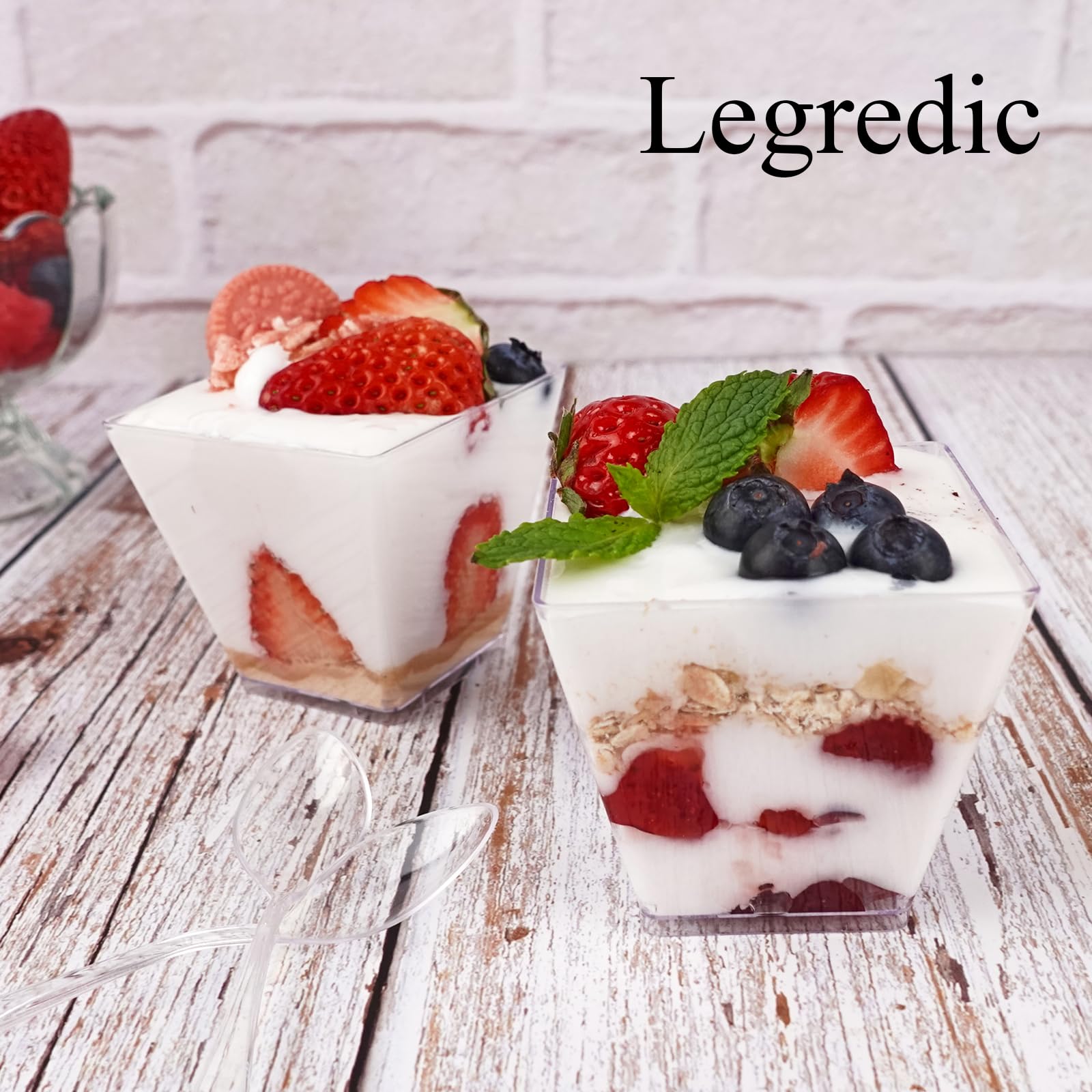 Legredic 50 Pack 3.5 oz Square Dessert Cups with Spoons, Mini Plastic Parfait Appetizer Cups, Clear Reusable Small Shooter Cups, Serving Bowls for Tasting Party Samples Dessert Shot Glasses