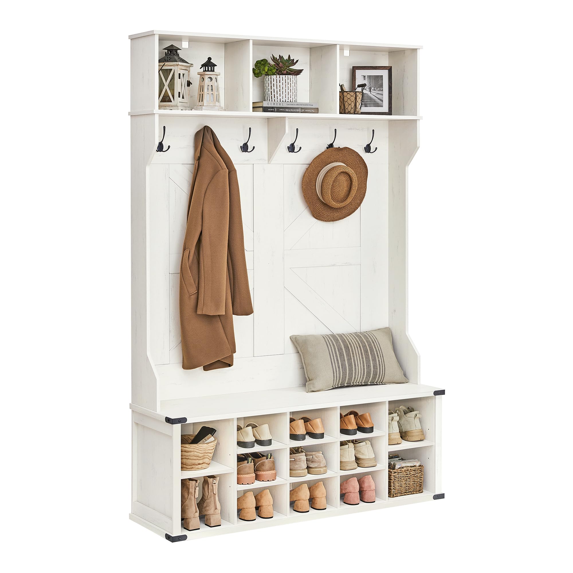 VASAGLE Hall Tree with Bench and Shoe Storage, Coat Rack with Shoe Bench, Entryway Furniture, 16 Open Compartments, 6 Tri-Hooks, Farmhouse Style, Space Saving, Rustic White UHSR427W02