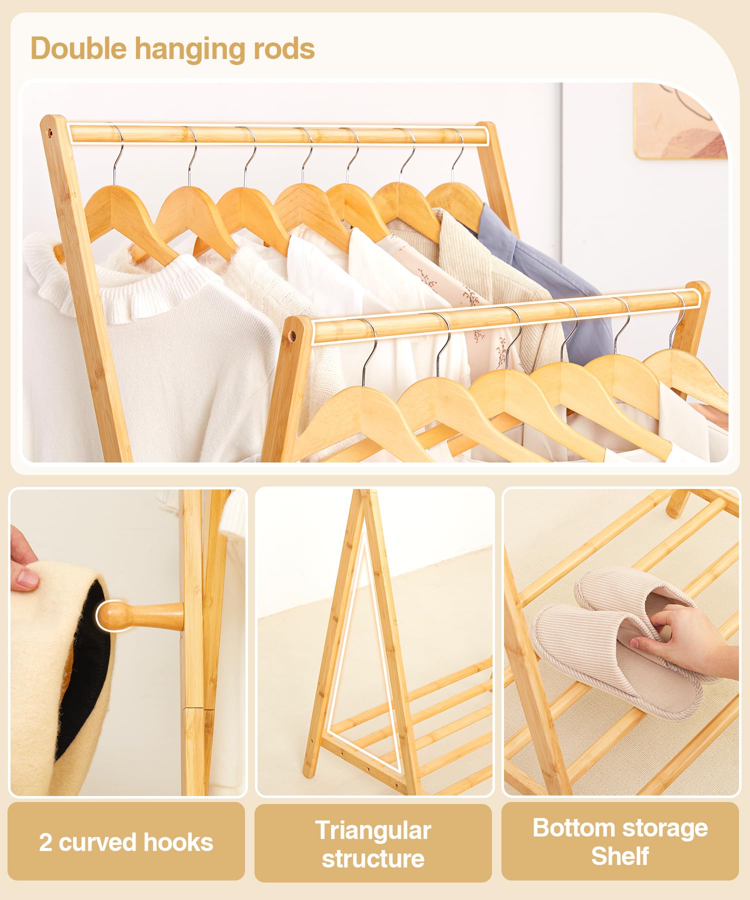 Cozivolife Bamboo Clothes Rack with Storage Shelf, Portable Garment Rack Clothing Racks for Hanging Clothes, Foldable Wardrobe Storage Rack for Entryway and Bed Room (Natural)