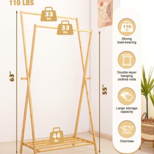 Cozivolife Bamboo Clothes Rack with Storage Shelf, Portable Garment Rack Clothing Racks for Hanging Clothes, Foldable Wardrobe Storage Rack for Entryway and Bed Room (Natural)