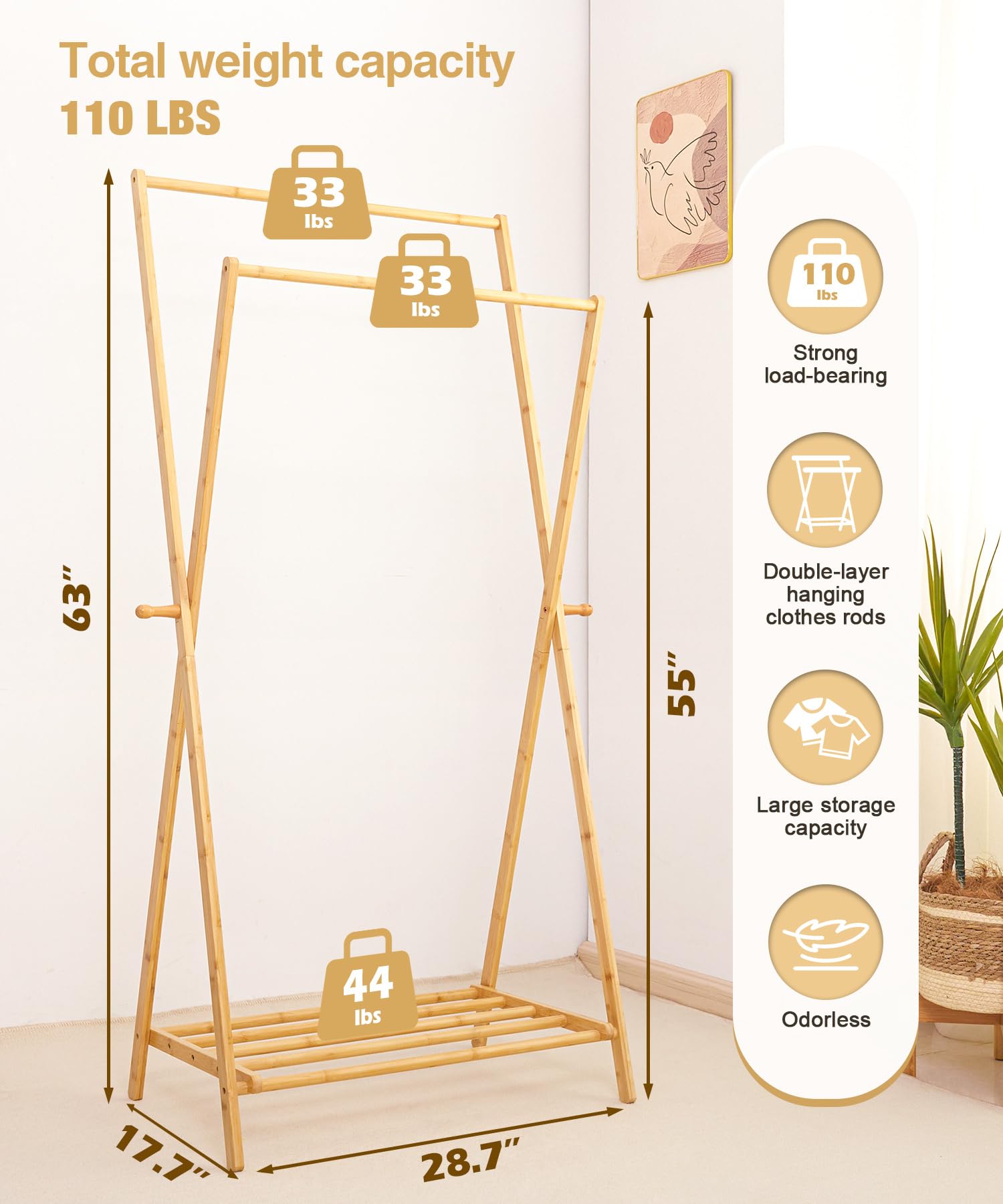 Cozivolife Bamboo Clothes Rack with Storage Shelf, Portable Garment Rack Clothing Racks for Hanging Clothes, Foldable Wardrobe Storage Rack for Entryway and Bed Room (Natural)