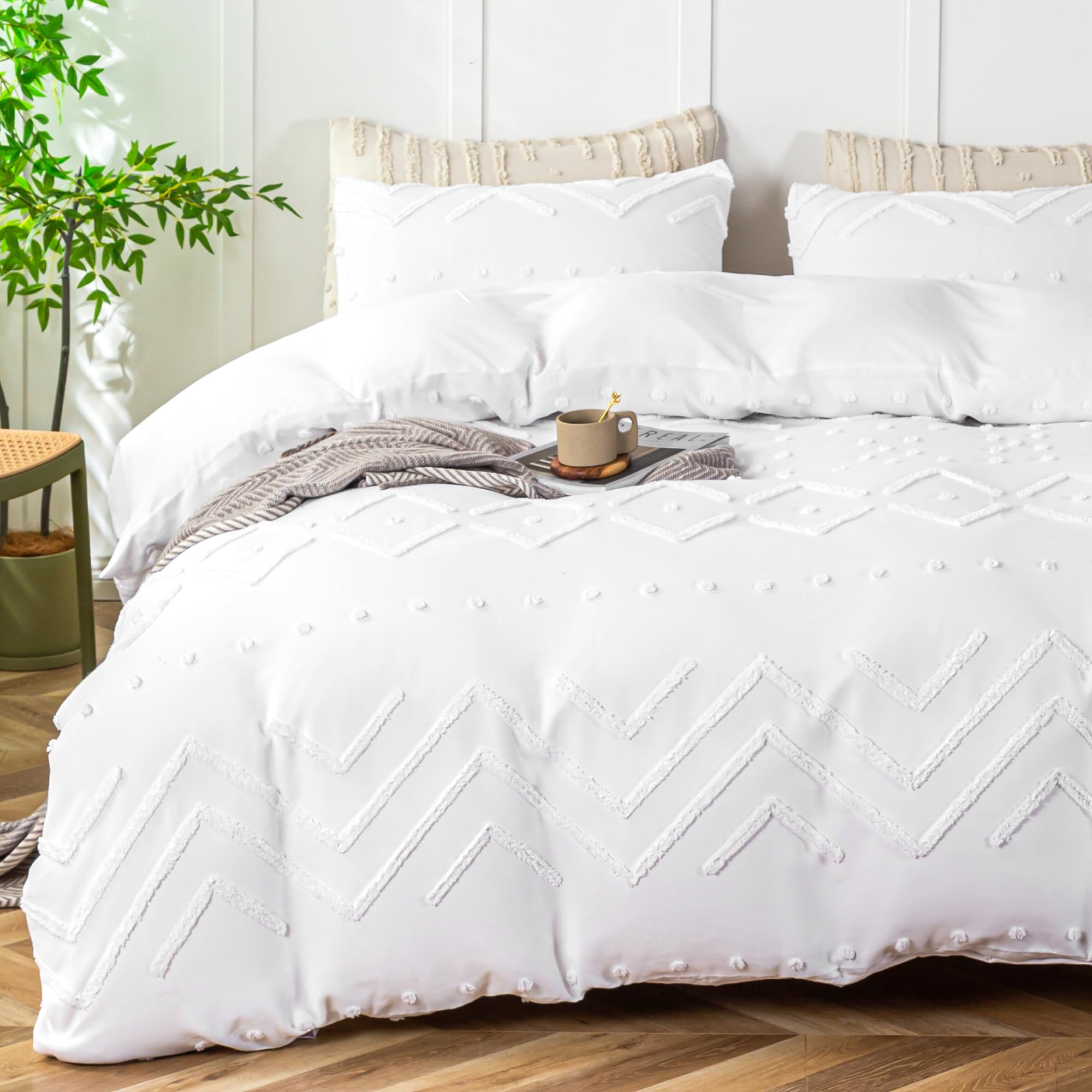 Sophia & William Boho Duvet Cover Set, 3 Pieces Tufted Comforter Set for All Season, Textured Duvet Cover and 2 Pcs Pillowcases, White, Queen Size