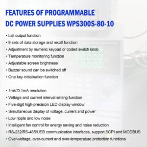 MATRIX Wide Range Programmable DC Power Supply WPS300S-80-10, 80V 10A 300W Adjustable Power Supply with 1mV/0.1mA Resolution and USB, Bench Power Supply Variable with List Output and 9 Groups Storage