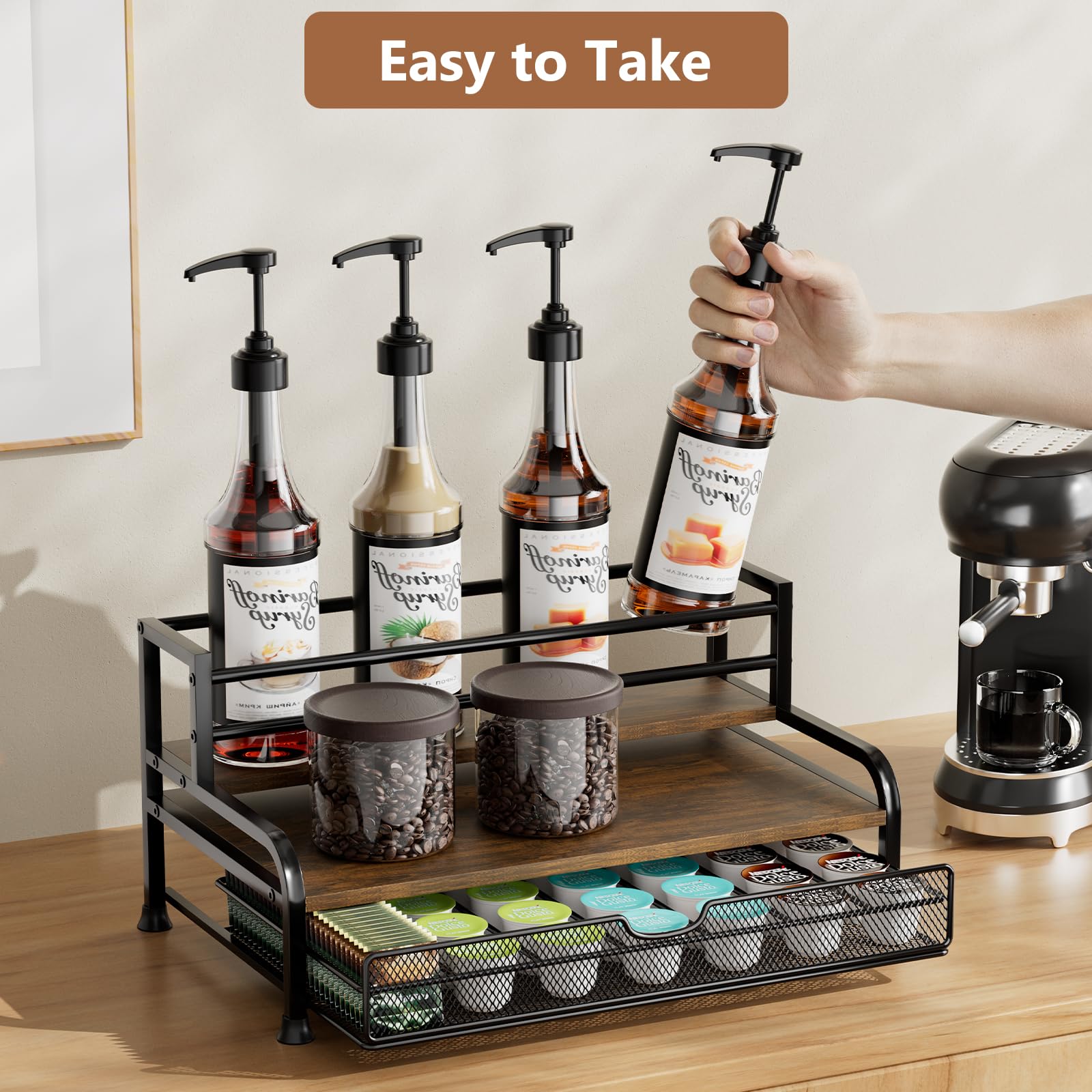 PONEYA Coffee Syrup Rack Organizer, 3-Tier 8 Bottles Coffee Syrup Rack with 35 K Cup Storage Basket for Coffee Bar, Syrup Bottle Holder Stand for Syrup, Wine, Dressing for Kitchen Coffee Station