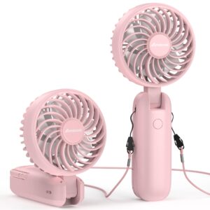 amacool portable handheld fan with dual motor, 12 blades, powerful 4 speeds hand fan, foldable, battery operated 3 in 1 personal cooling fan for hot flashes, outdoor activities, travel(pink)