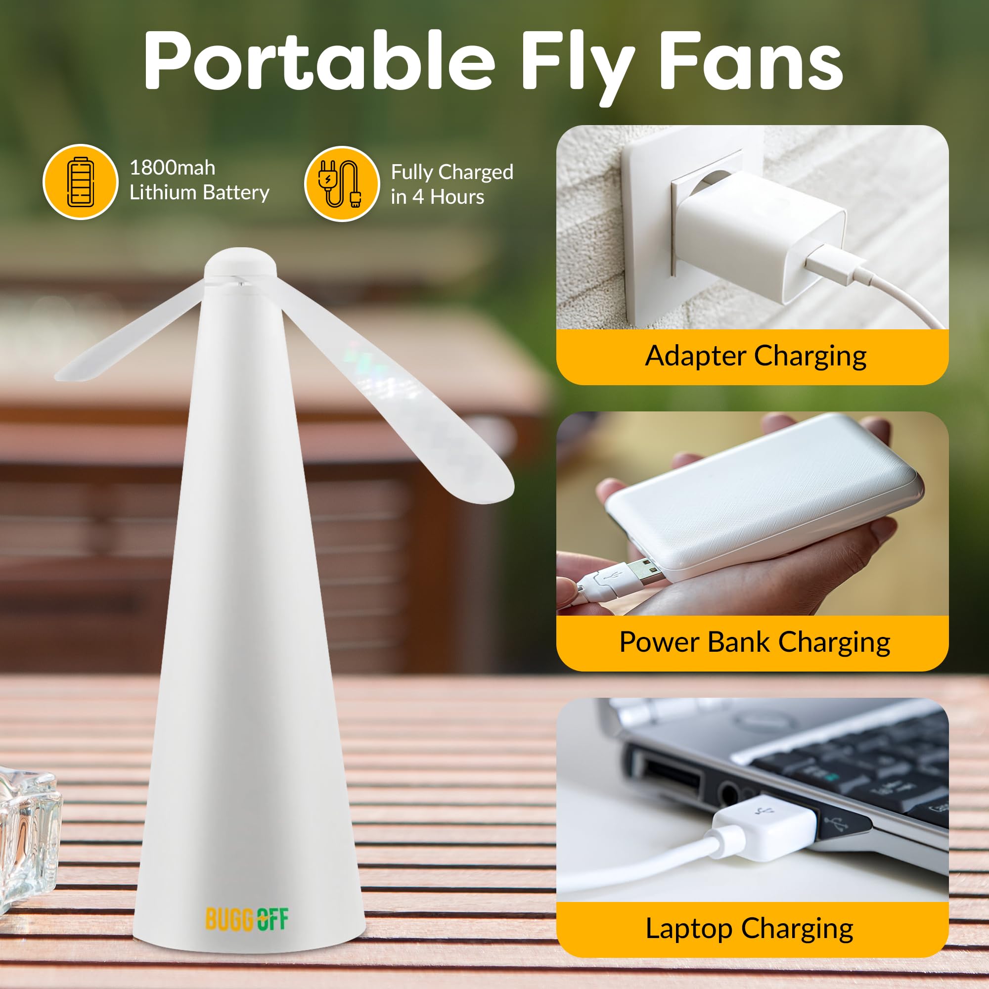 BUGGOFF White Fly & Flying Insect Repellent Fan with Twin Blades, Table top & Hangable, Battery Powered or 5V Plug in, Batteries NOT Included. Safe Blades with Auto Stop. (1 Pack)