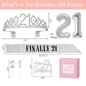 Sliver 21st Birthday Decorations For Her Including 21st Birthday Sash And Crown, 21st Birthday Balloon, Finally 21st Birthday Sash With Pearl Pin, Sweet 21st Birthday Candles, 21 Cake Topper For Her