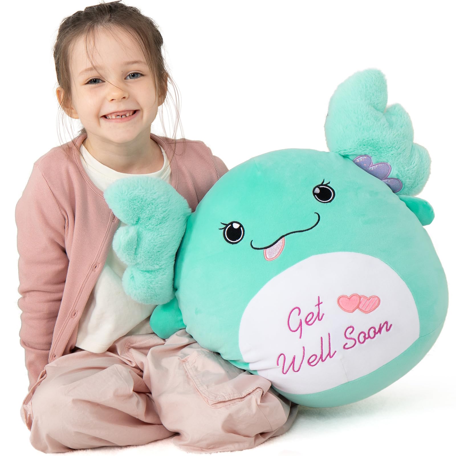 MaoGoLan Get Well Soon Axolotl Stuffed Animal Throw Pillow-18in Giant Ultra Soft Thing of You Axolotl Plush,Feeling Better Sweet Red Heart Hug Gift for Women,Men,Kids,Children