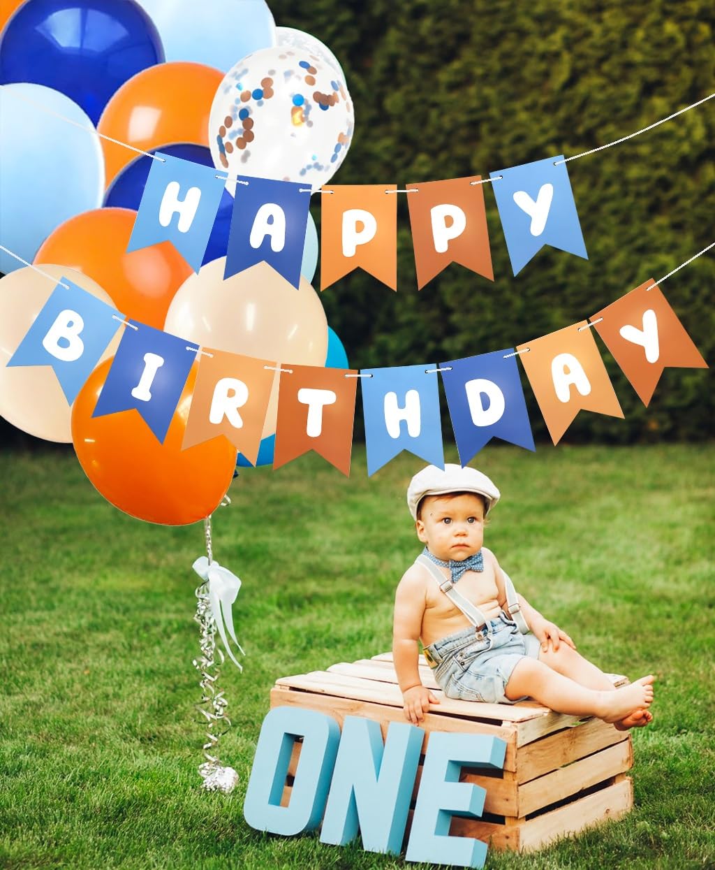 Runhiskii Blue and Orange Birthday Banner, Happy Birthday Banner Blue Orange Party Decorations for Boys, Kids Birthday Decoration Boys’ 1st Birthday Decor