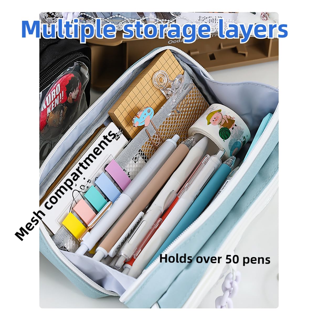 MILLEVIBE ITA Pencil Pouch - Large Capacity Office Pen Case with Clear Window for Anime Display & Chain for Easy Portability (Black)