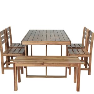 LUMISOL 6 Piece Patio Conversation Furniture Set, 6-Piece Outdoor Table Set with 4 Chairs and 1 Bench for 6 Persons, Acacia Wood Outdoor Table and Chair Set for Patio Balcony Backyard, Natural Wood