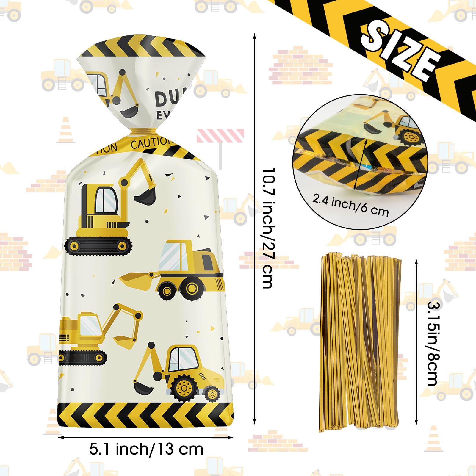 50 Pack Construction Party Favor Bags - Construction Theme Treat Bags, Truck Themed Cello Cellophane Gift Candy Goodie Bags with Gold Twist Ties for Kids Construction Birthday Party Supplies Favors