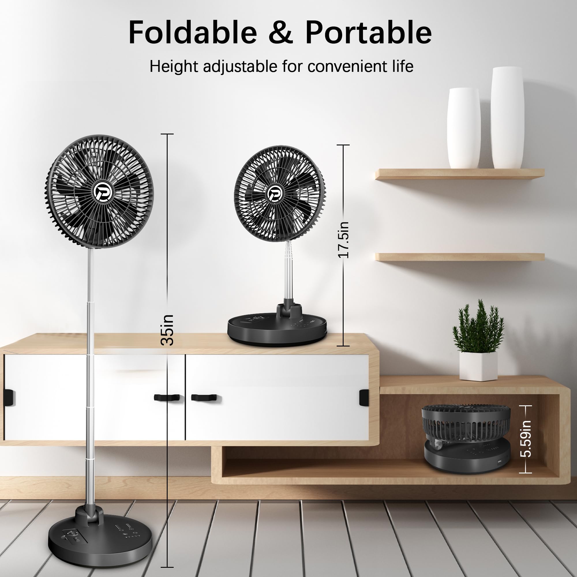 PANERGY 10” Portable Fan 20000mAh Battery Operated Rechargeable, Auto-Oscillating Pedestal Fan with Remote,4 Speeds, Quiet, Cordless Foldable Telescopic Fan for Travel, Bedroom, Home, Office