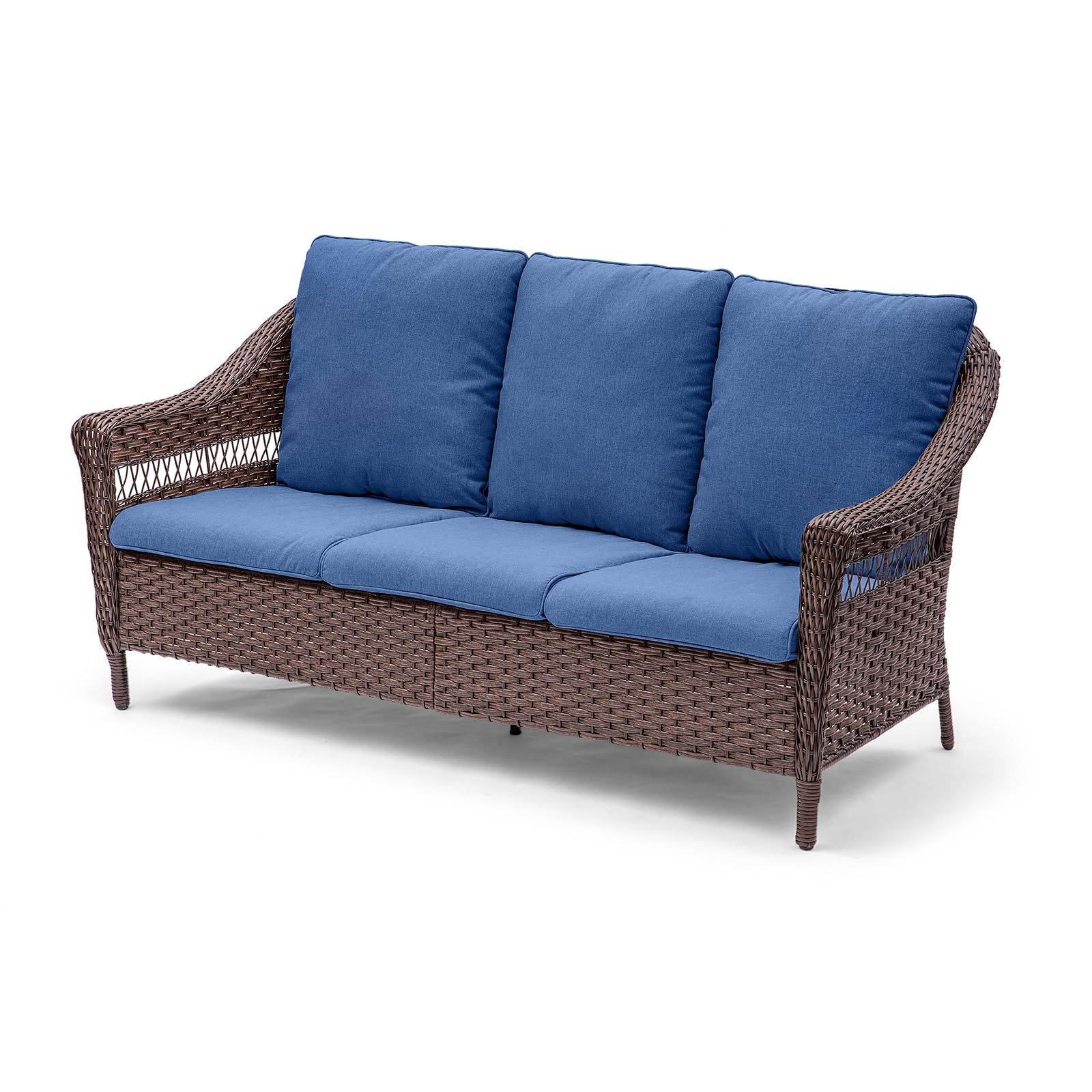 Buenhomino Outdoor Patio Sofa Couch - 3 Seater All Weather Rattan Conversation Sofa Porch Furniture Wicker Sofa with Deep Seat High Backrest for Deck Porch Balcony Garden - Brown/Blue