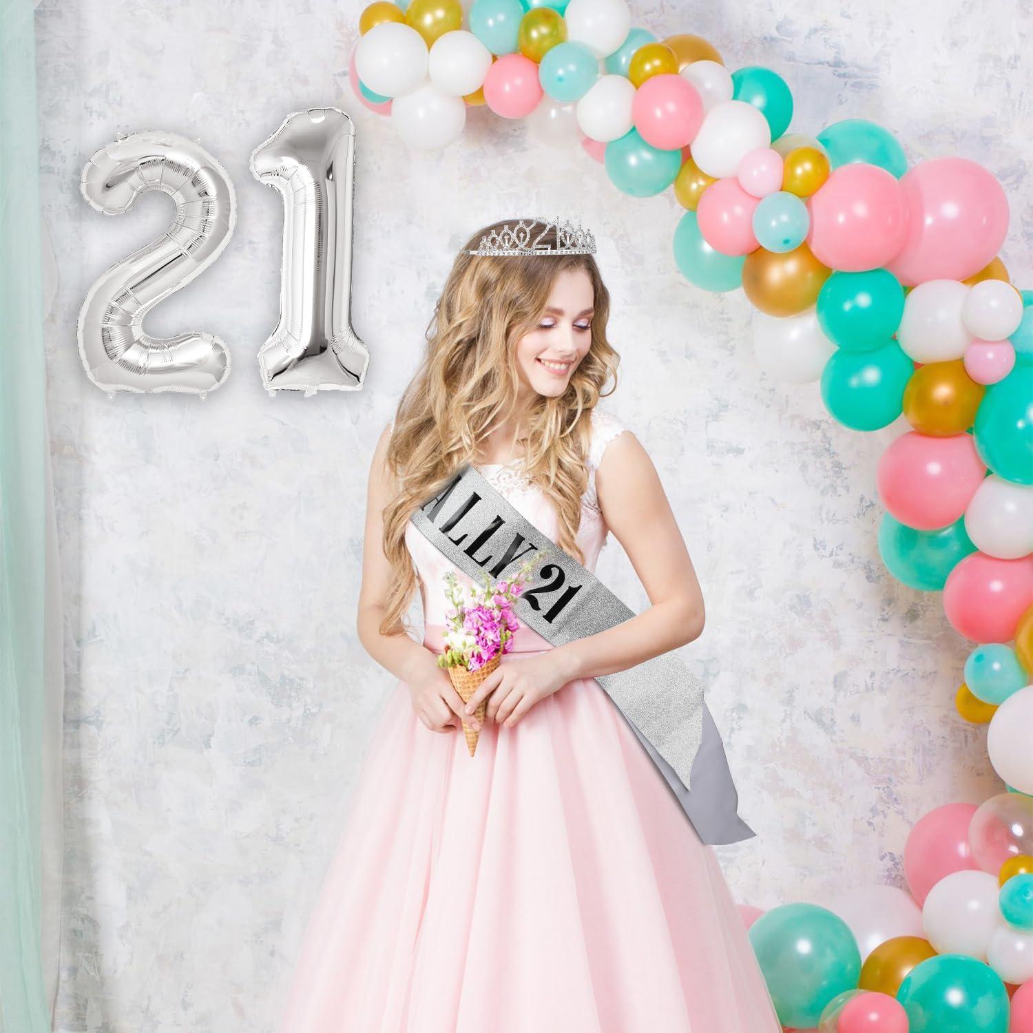 Sliver 21st Birthday Decorations For Her Including 21st Birthday Sash And Crown, 21st Birthday Balloon, Finally 21st Birthday Sash With Pearl Pin, Sweet 21st Birthday Candles, 21 Cake Topper For Her