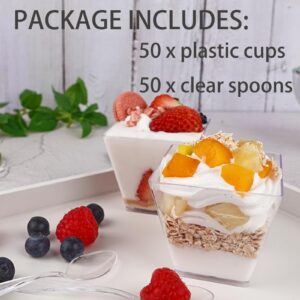 Legredic 50 Pack 3.5 oz Square Dessert Cups with Spoons, Mini Plastic Parfait Appetizer Cups, Clear Reusable Small Shooter Cups, Serving Bowls for Tasting Party Samples Dessert Shot Glasses