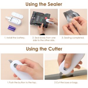 ODSD Bag Sealer, 2 IN 1 Mini Bag Sealer Heat Seal with Cutter, Portable Bag Resealer Handheld with Lanyard Heat Sealer for Chip Bags Food Storage (2 AA Battery Included) White