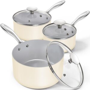 michelangelo sauce pan with lid, non stick saucepan set of 3-1qt & 2qt & 3qt small pots for cooking, ceramic saucepan - non-toxic, scratch-resistant, oven safe, beige