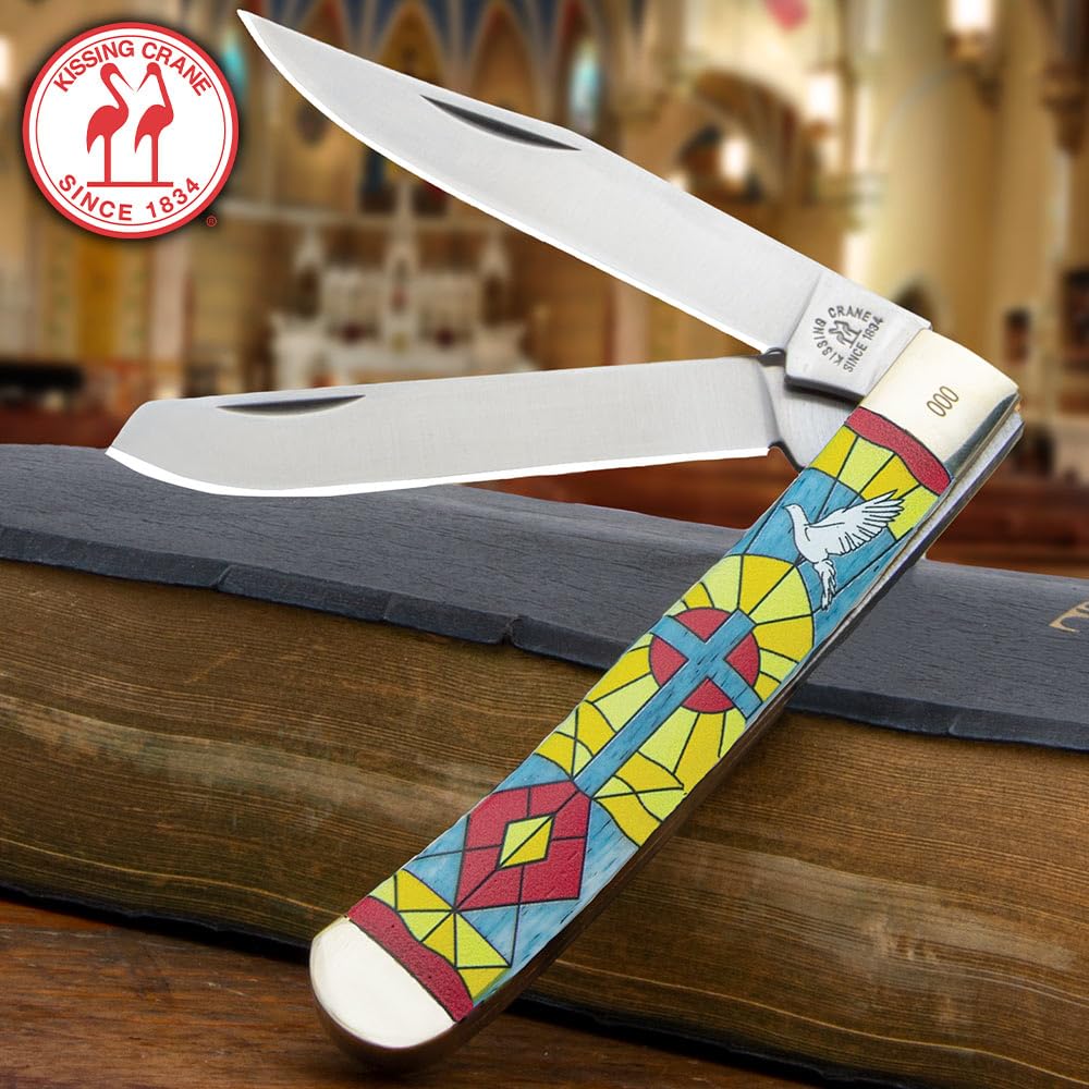 KISSING CRANE Stained Glass Trapper Pocket Knife | European Cathedral-Inspired Artwork | Stainless Steel Blades | Blue Bone Handle Scales | 3D Printed | Clip Point and Spey Blade | Closed Length 4"