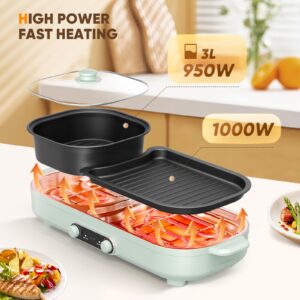 Homiesetify Electric Hot Pot with Grill, 2 In 1 Indoor Non-Stick Barbecue Shabu Hot Pot with Dual Temperature Control, Detachable Hot Pot and Baking Tray, Smokeless Shabu Korean BBQ Grill