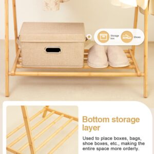 Cozivolife Bamboo Clothes Rack with Storage Shelf, Portable Garment Rack Clothing Racks for Hanging Clothes, Foldable Wardrobe Storage Rack for Entryway and Bed Room (Natural)