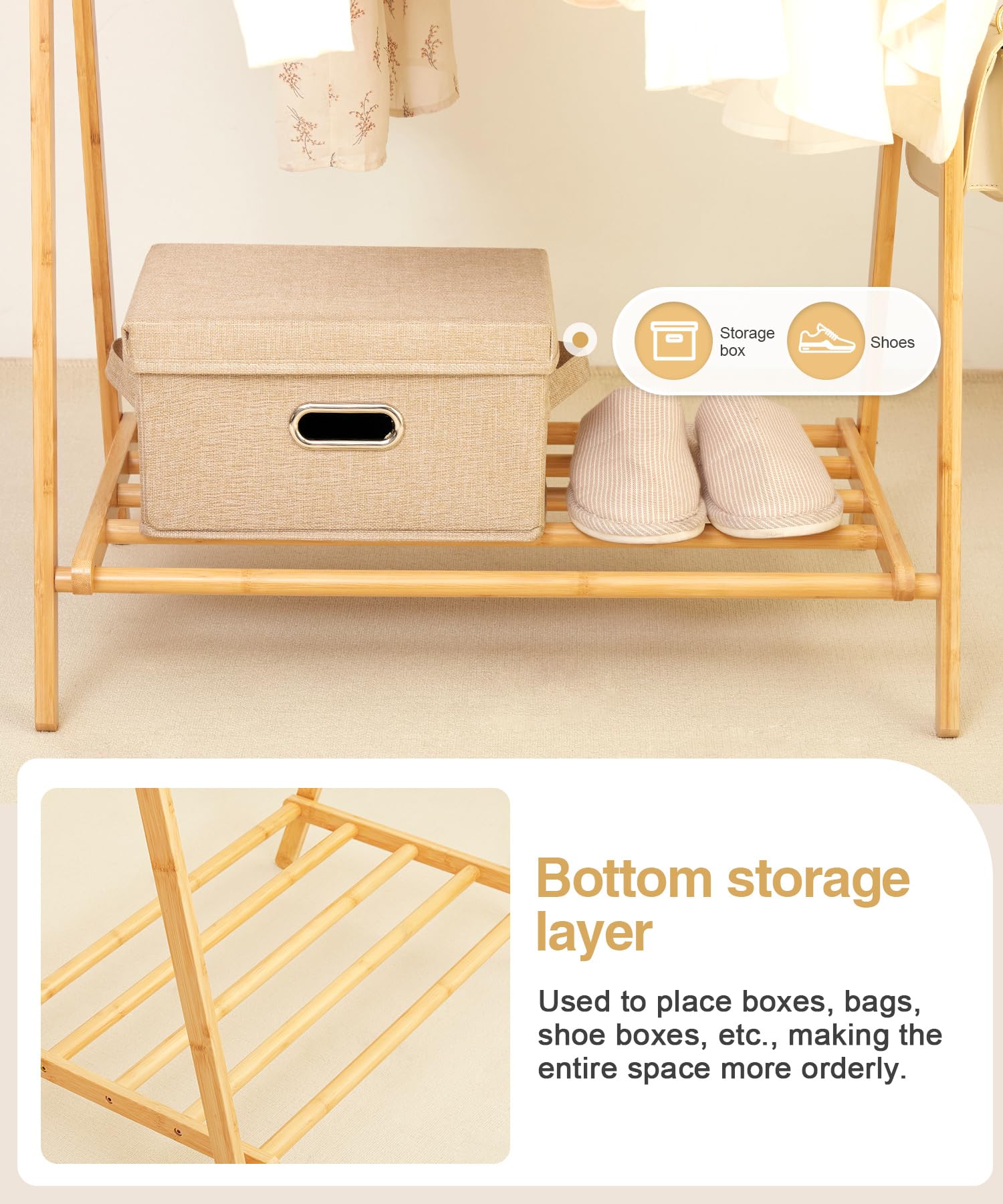 Cozivolife Bamboo Clothes Rack with Storage Shelf, Portable Garment Rack Clothing Racks for Hanging Clothes, Foldable Wardrobe Storage Rack for Entryway and Bed Room (Natural)