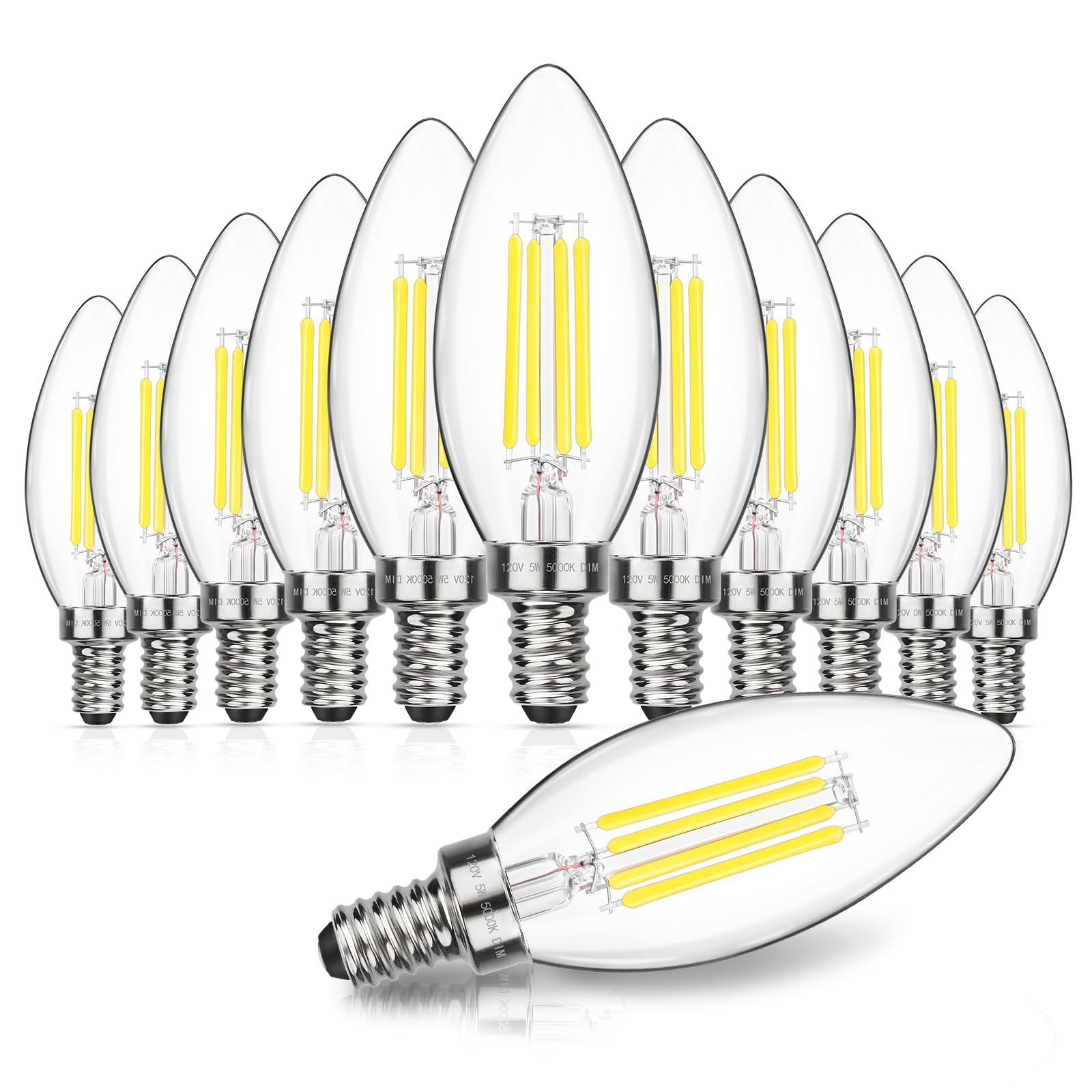 MAXvolador Dimmable E12 LED Candelabra Bulbs 60W Equivalent, Daylight White 5000K, 600LM Chandelier Light Bulb, B11 LED Candle Light Bulbs, 12 Pack